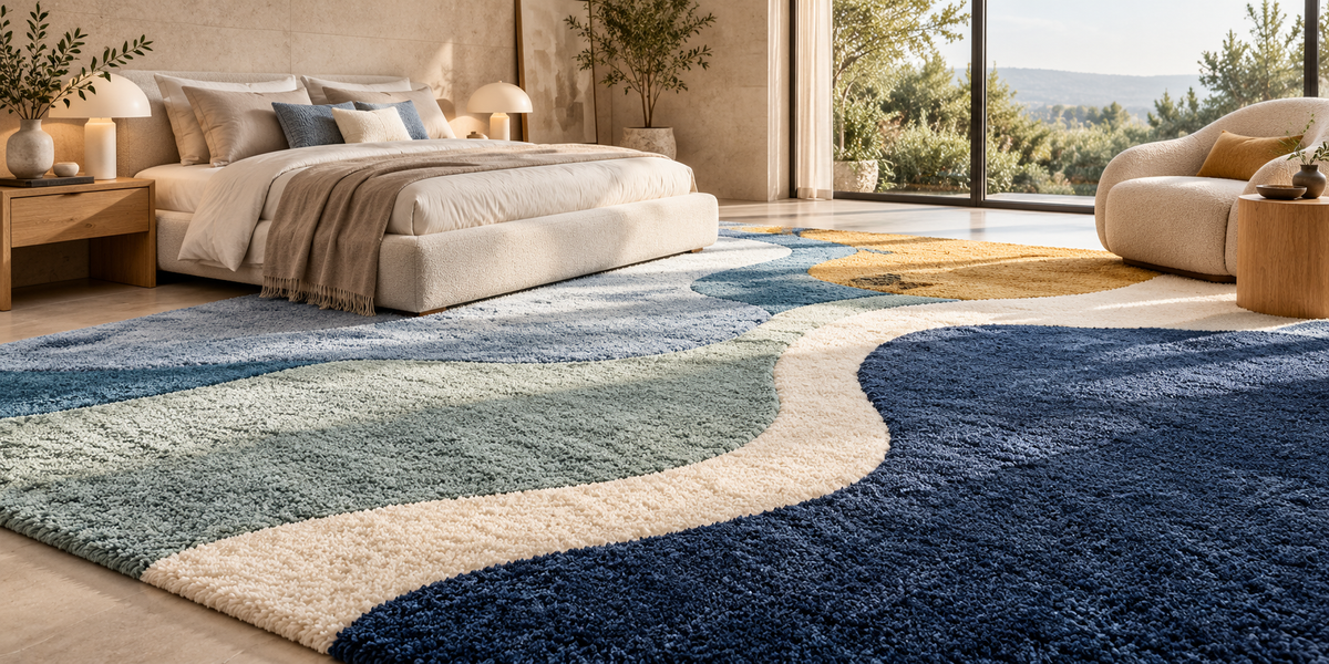 Modern blue and sage abstract rug interior banner