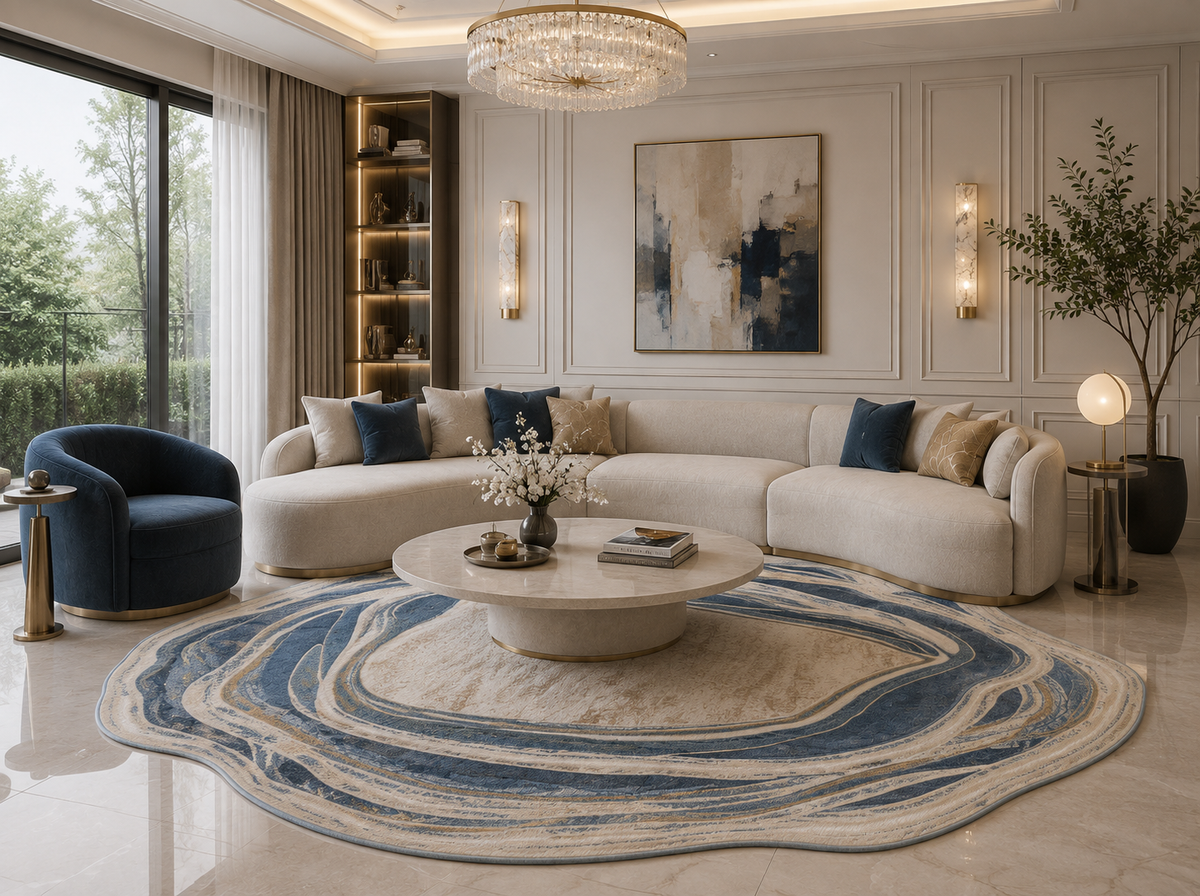 Affordable blue and cream irregular rug in a modern luxury living room with a curved sectional sofa and round coffee table.