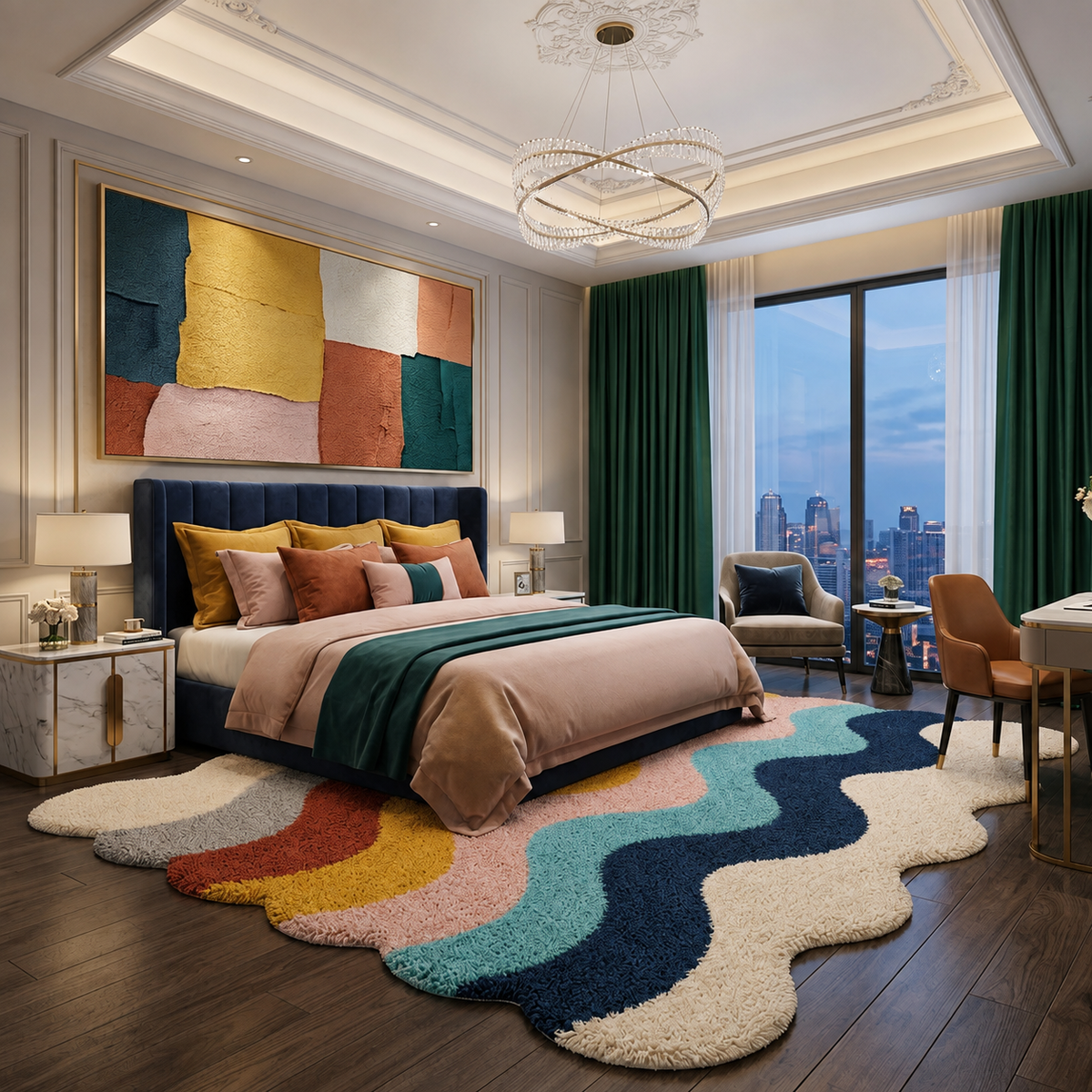A luxury modern bedroom featuring a large wavy shag area rug in cream, yellow, red, pink, and teal.