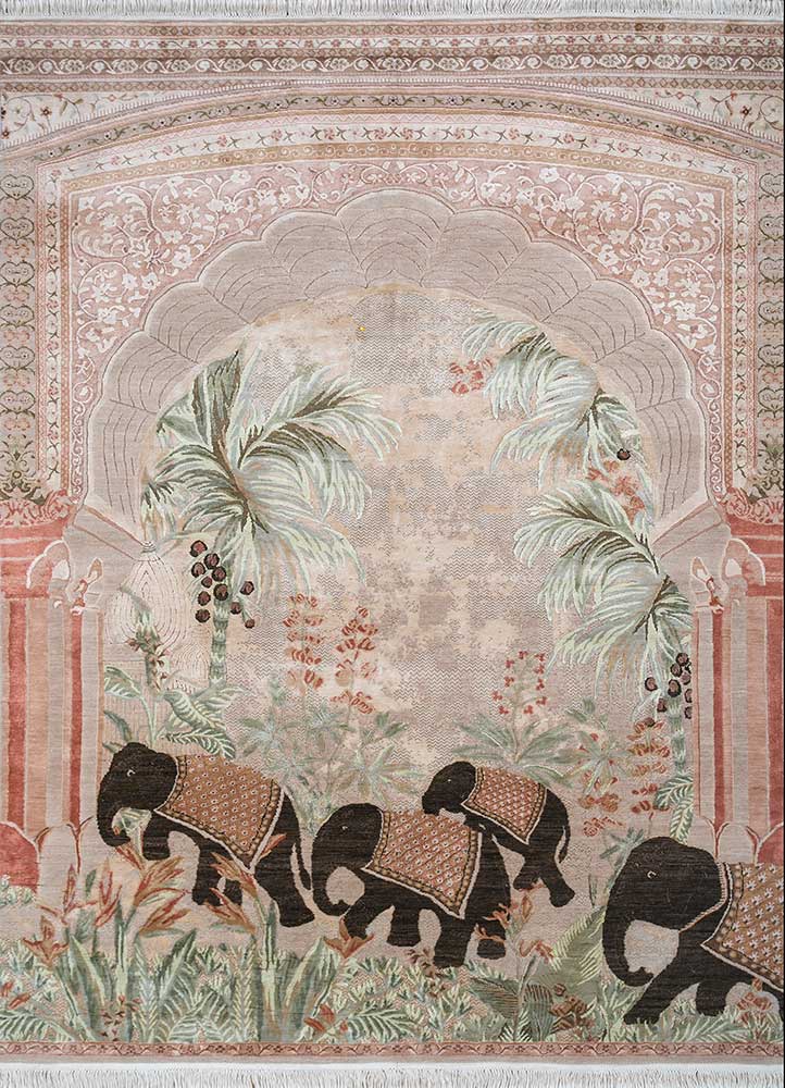 Handmade rug featuring a detailed elephant and tropical floral design in soft pink, cream, green and brown tones.