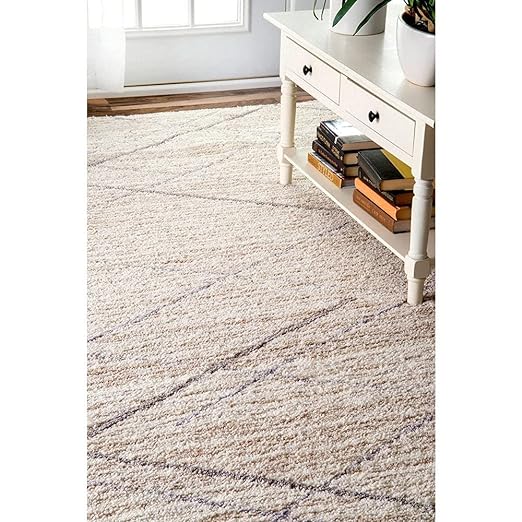 Cream Line Diamond Shaggy Rug