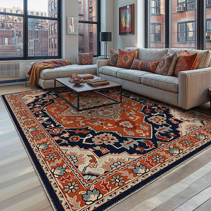 Natural wool rug with a soft textured pile and colourful geometric pattern in red, yellow, blue and grey, shown rolled on a floor.