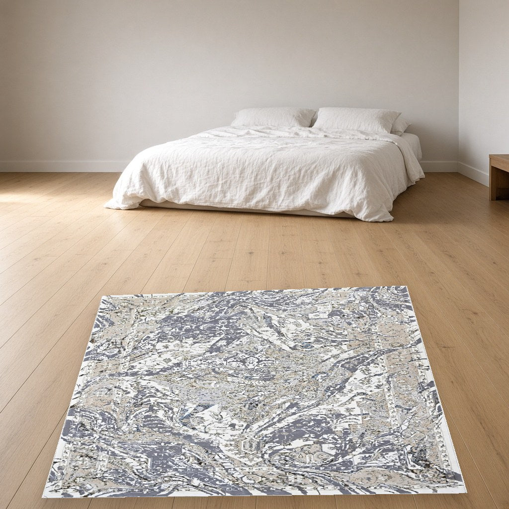Almond Botanical Leaf Modern Area Rug in a bedroom