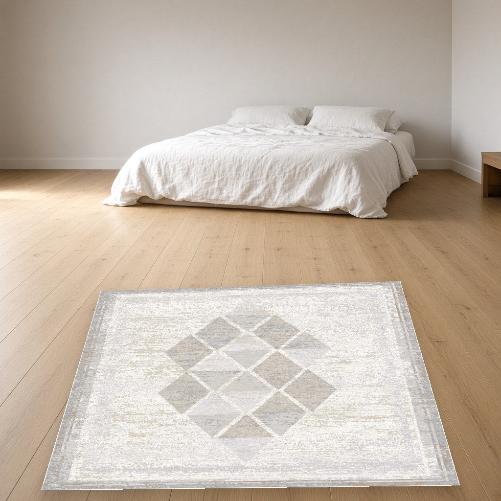 Almond Diamond Grid Modern Area Rug in a bedroom