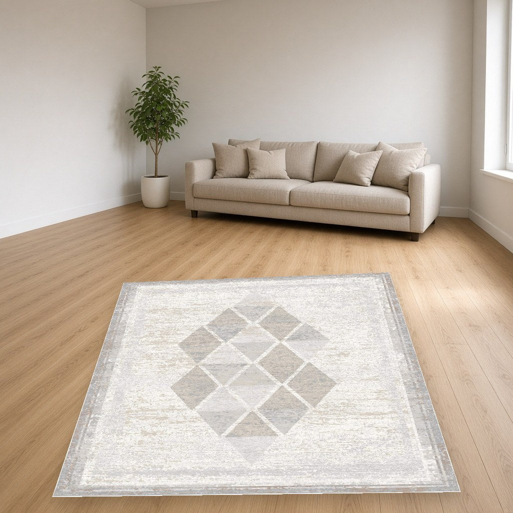 Almond Diamond Grid Modern Area Rug in a living room