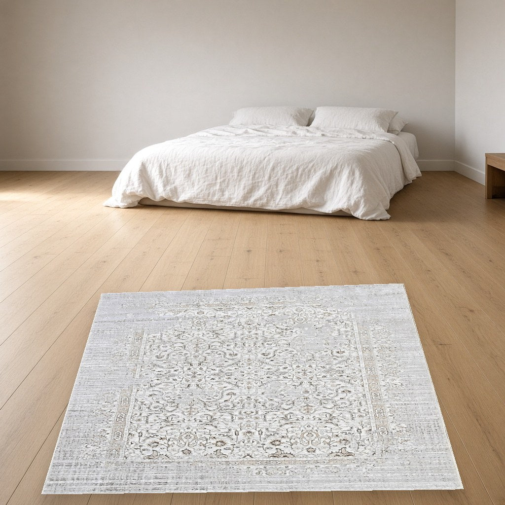 Almond Faded Medallion Modern Area Rug in a bedroom