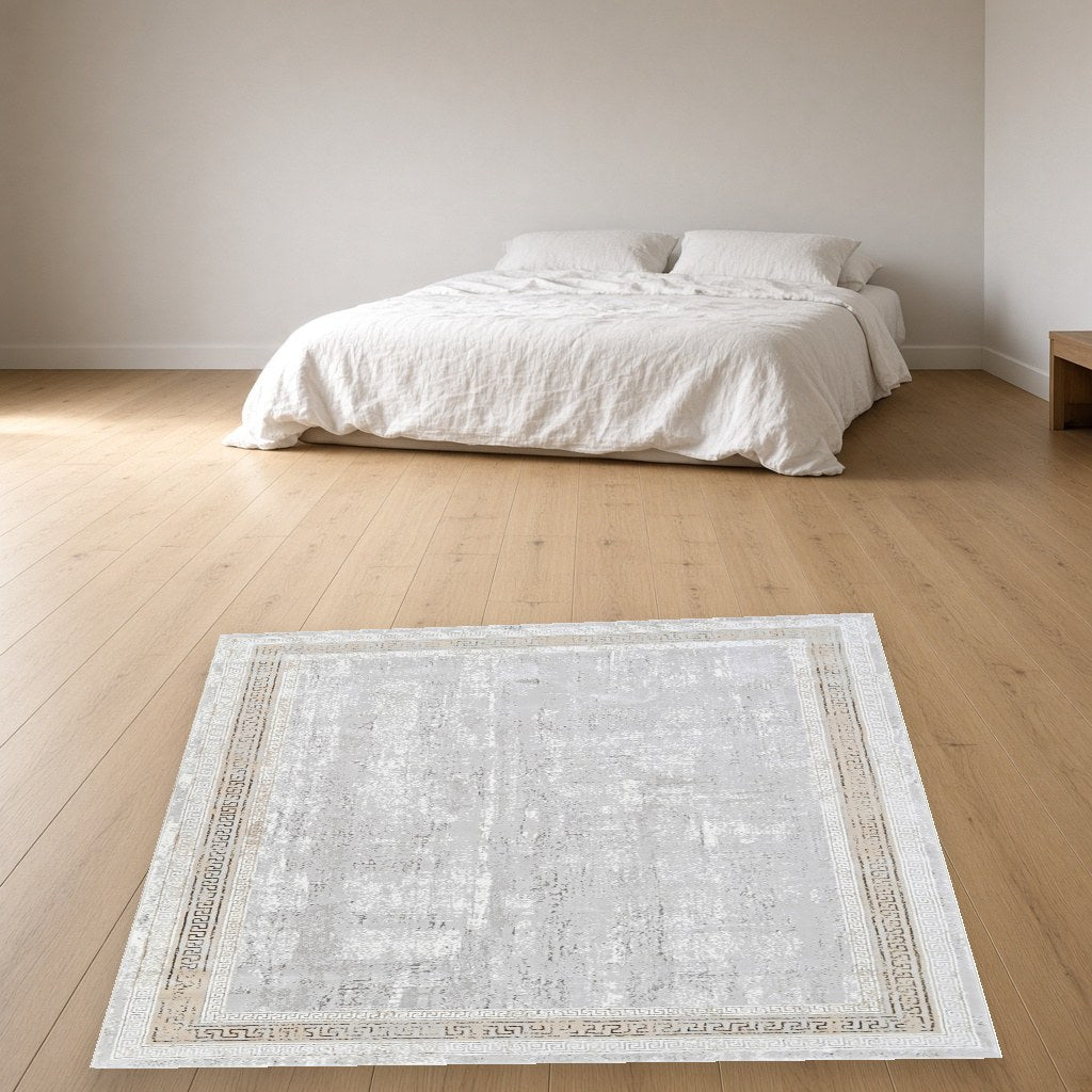 Almond Greek Key Modern Area Rug in a bedroom