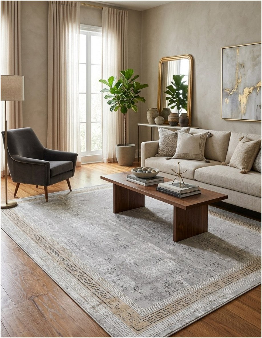Almond Greek Key Modern Area Rug in a modern room