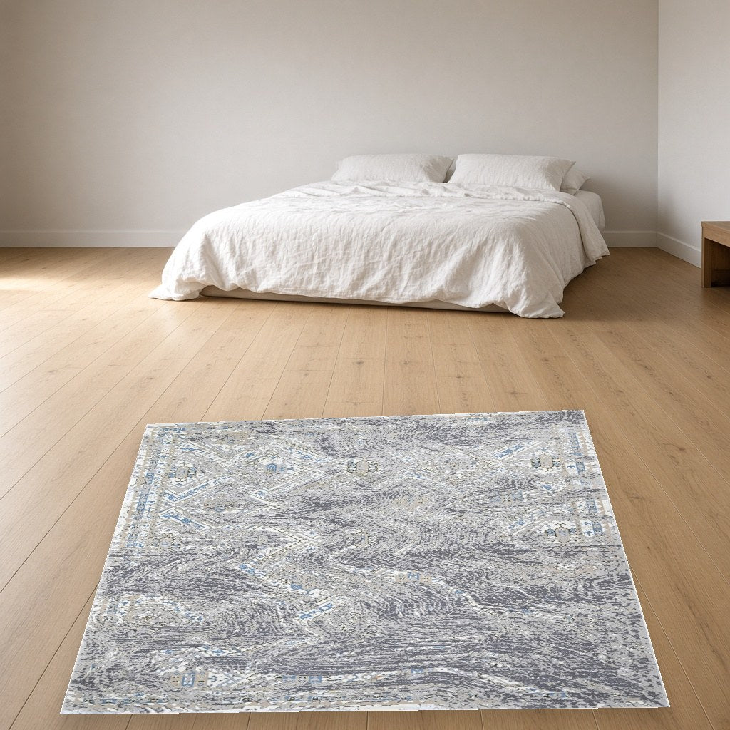 Almond Ornament Medallion Modern Area Rug in a bedroom