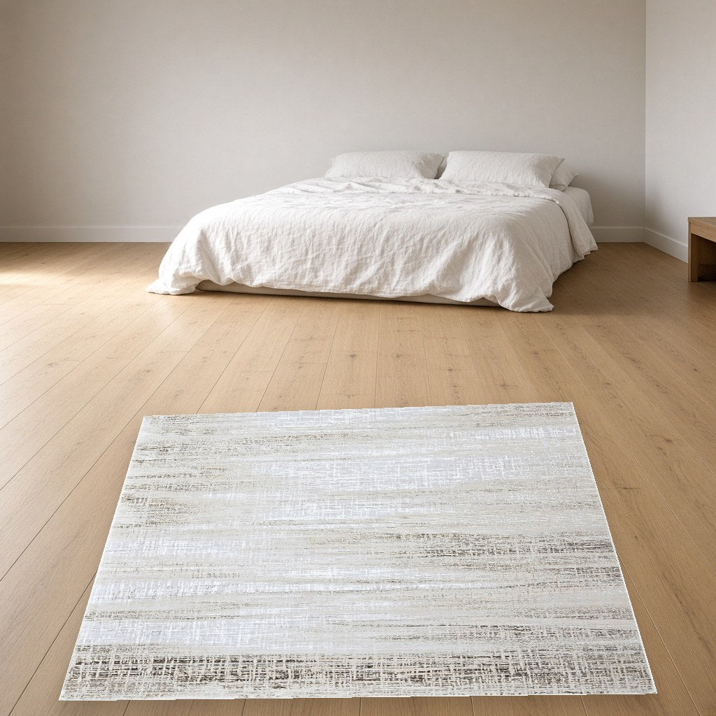 Almond Sand Stripe Modern Area Rug in a bedroom