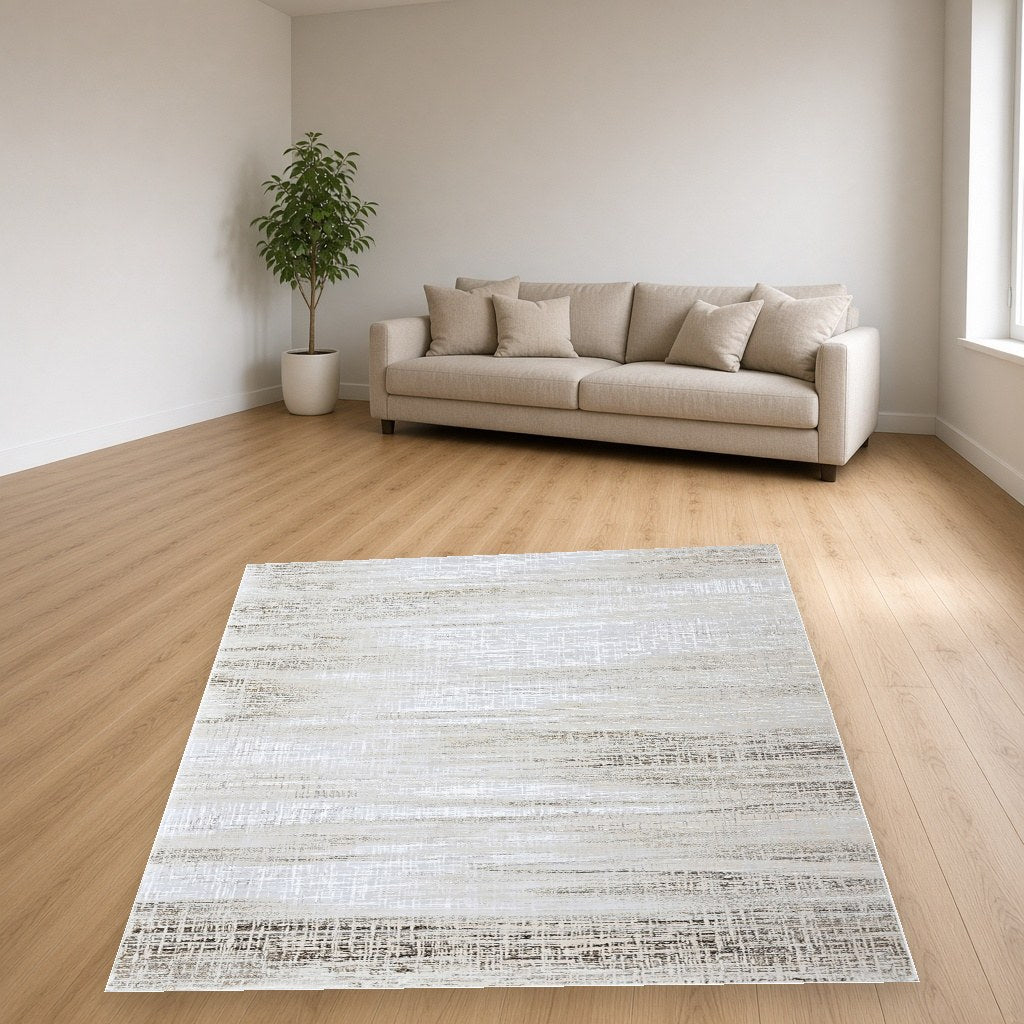 Almond Sand Stripe Modern Area Rug in a living room