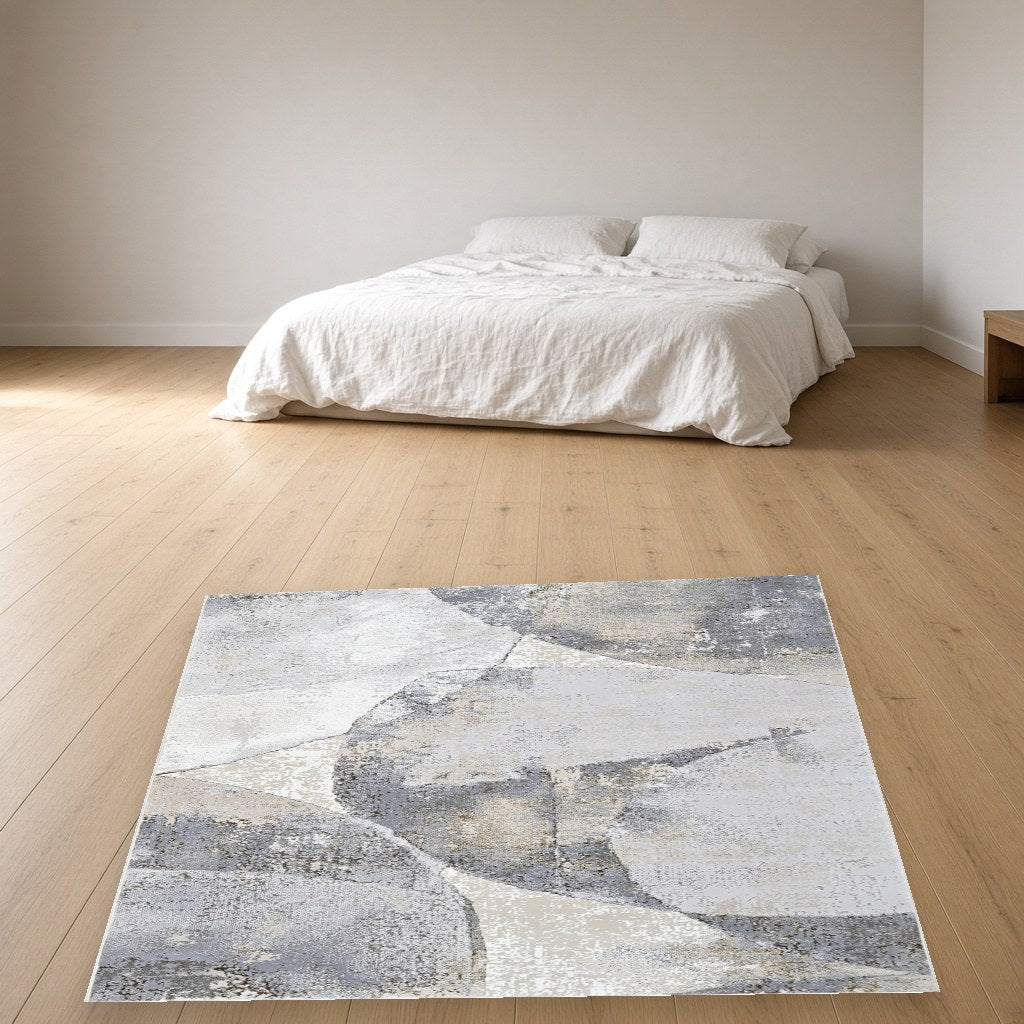 Almond Stone Block Modern Area Rug in a bedroom