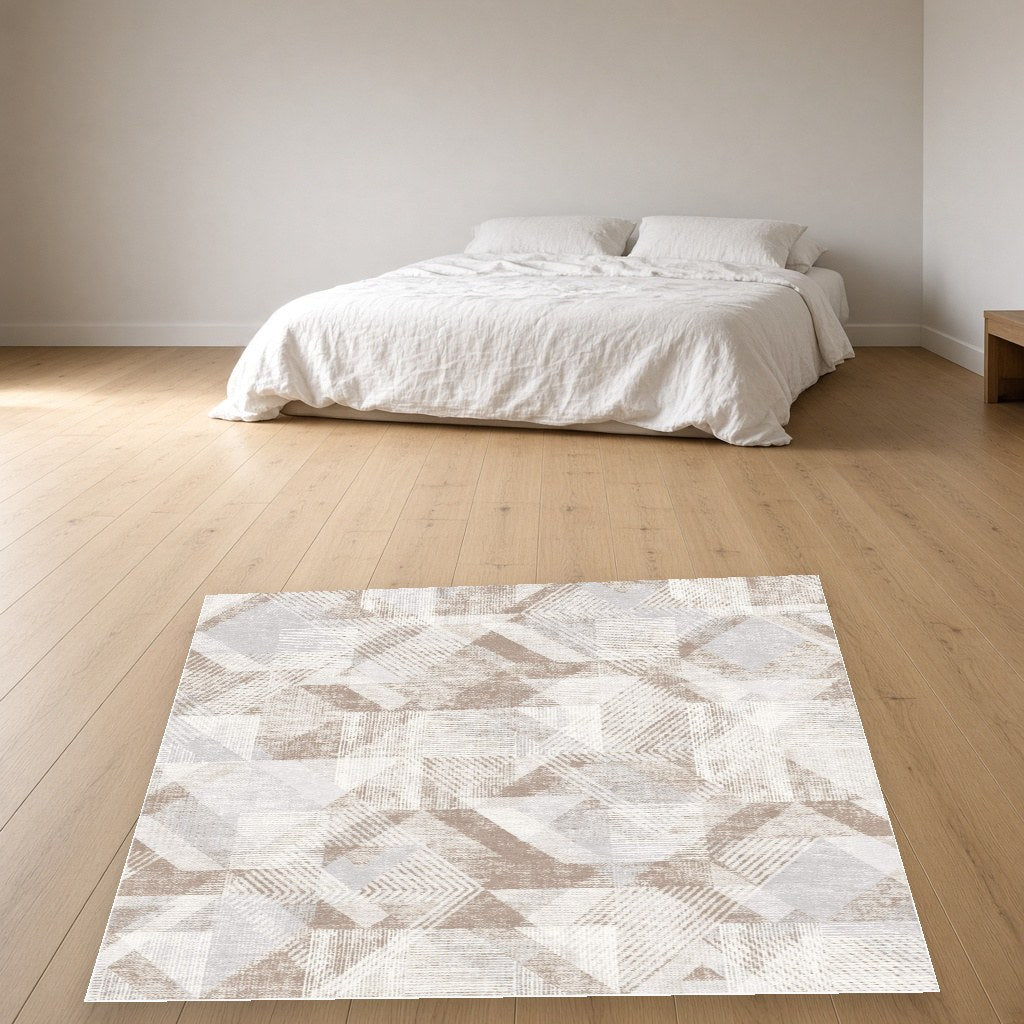 Almond Triangle Grid Modern Area Rug in a bedroom