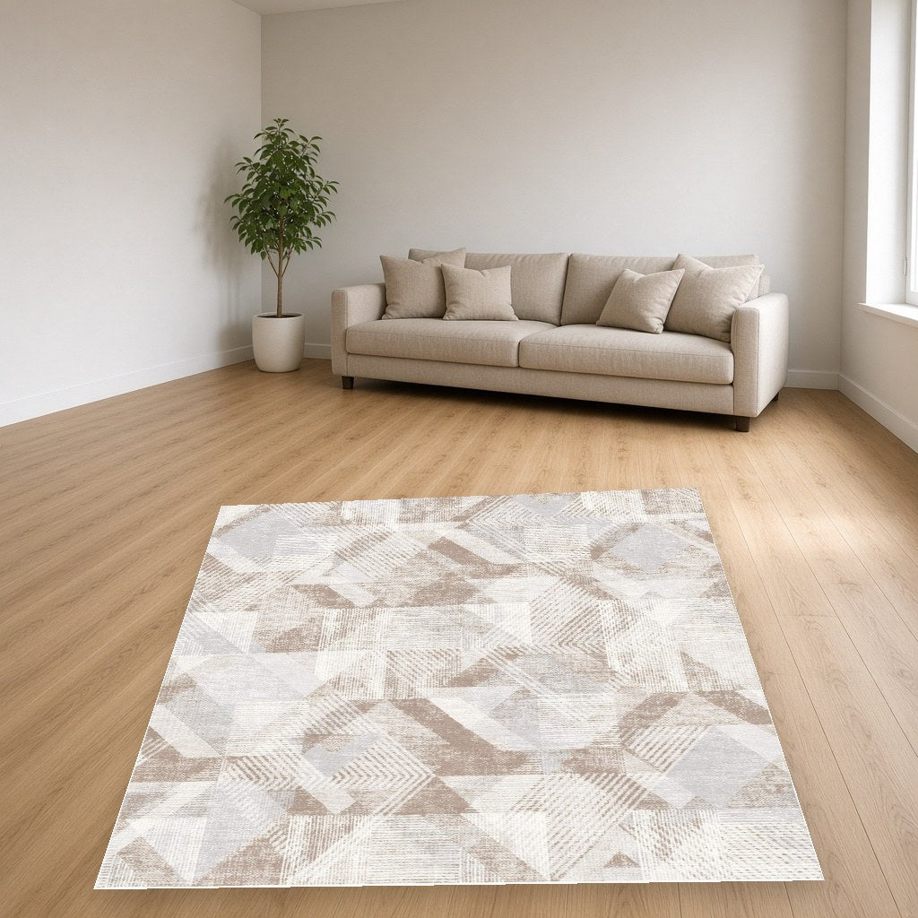 Almond Triangle Grid Modern Area Rug in a living room