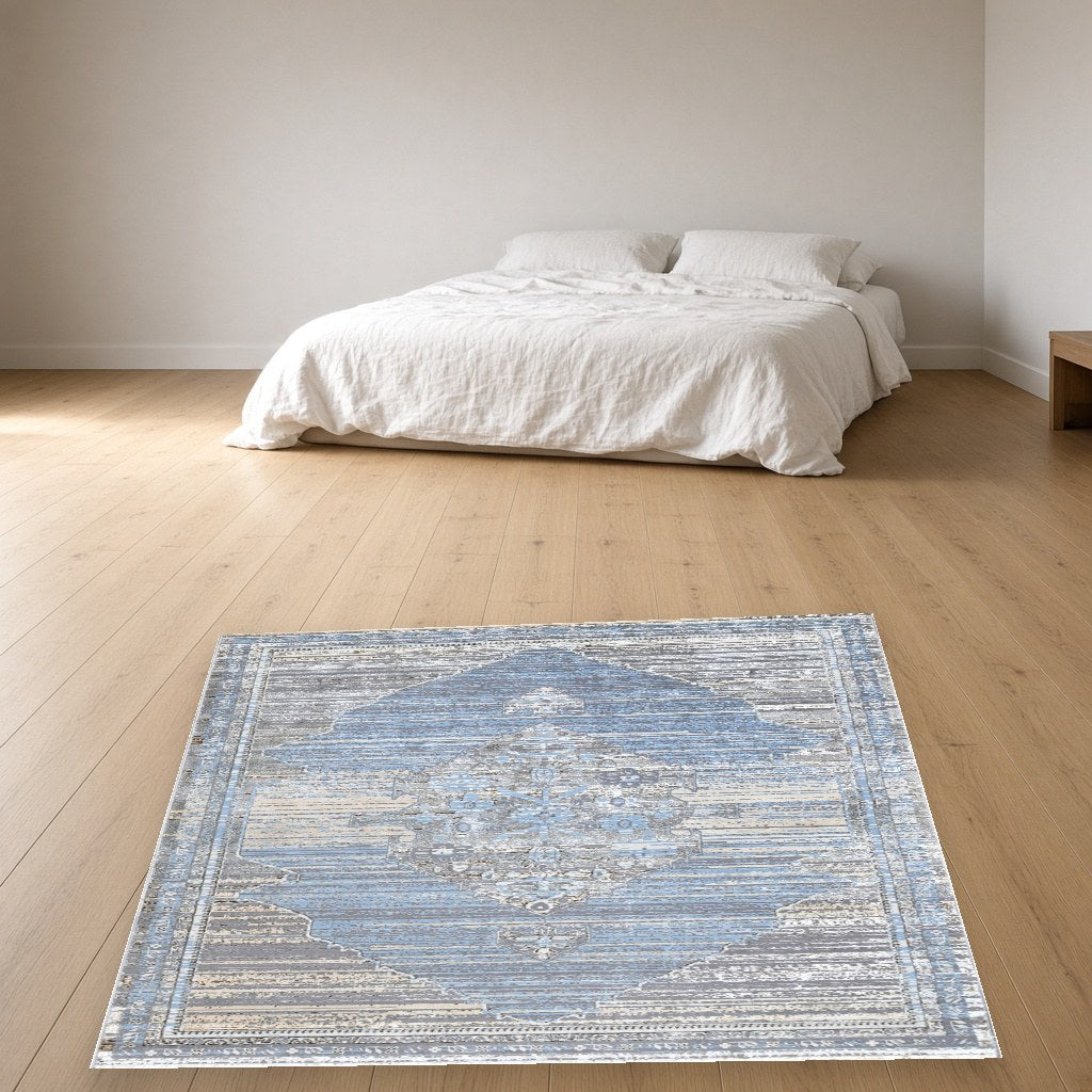 Iron Center Medallion Modern Area Rug in a bedroom