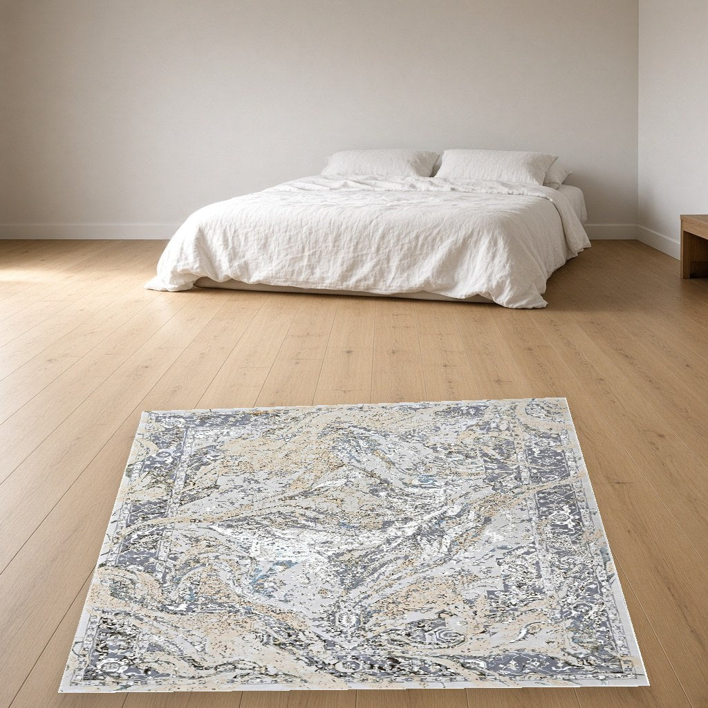 Pearl Botanical Leaf Modern Area Rug in a bedroom