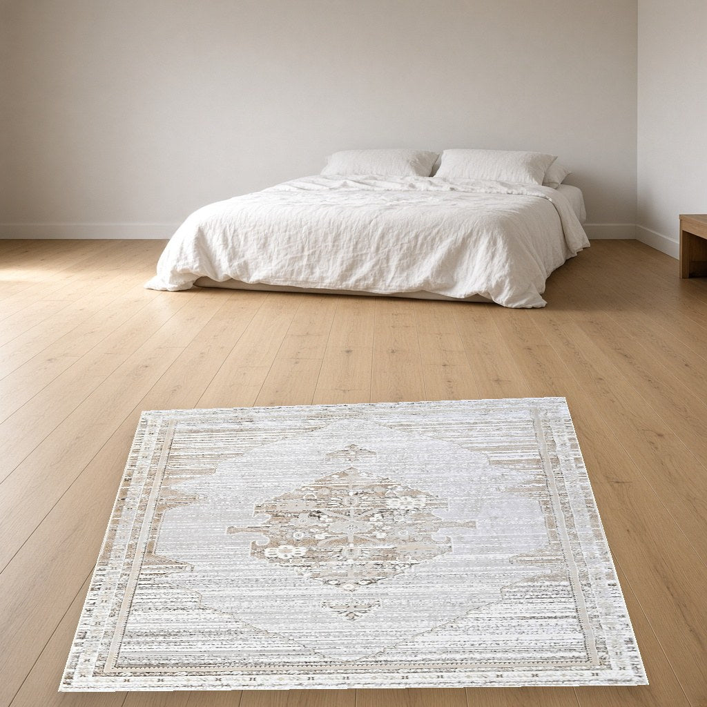 Pearl Center Medallion Modern Area Rug in a bedroom