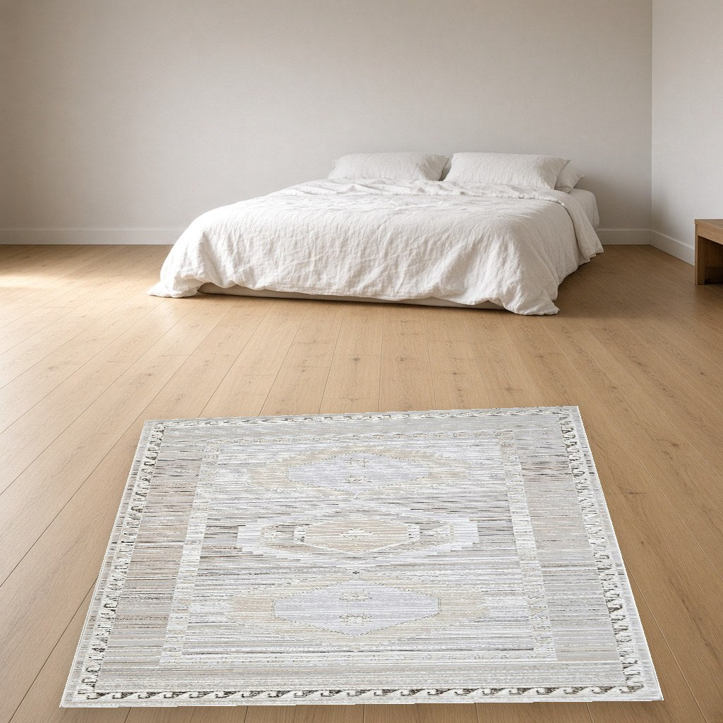 Pearl Diamond Border Modern Area Rug in a bedroom