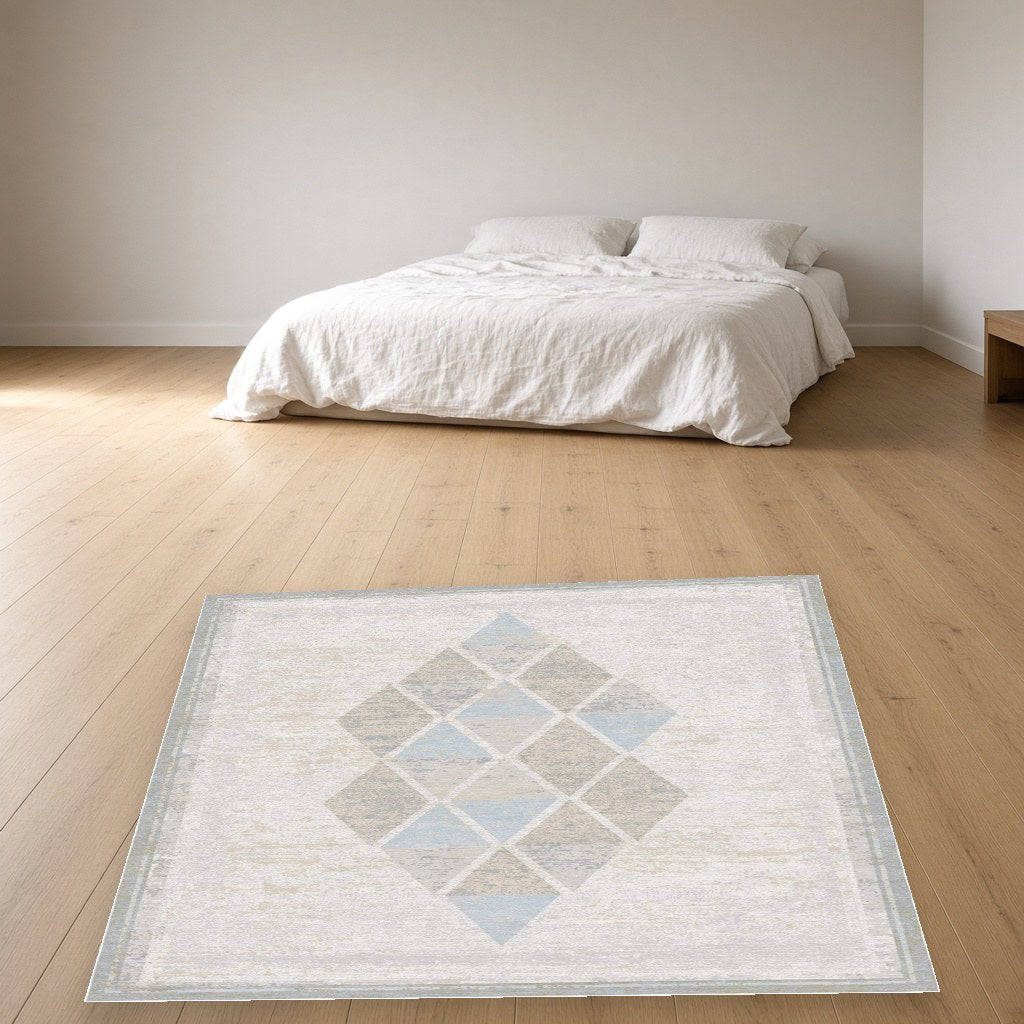 Pearl Diamond Grid Modern Area Rug in a bedroom