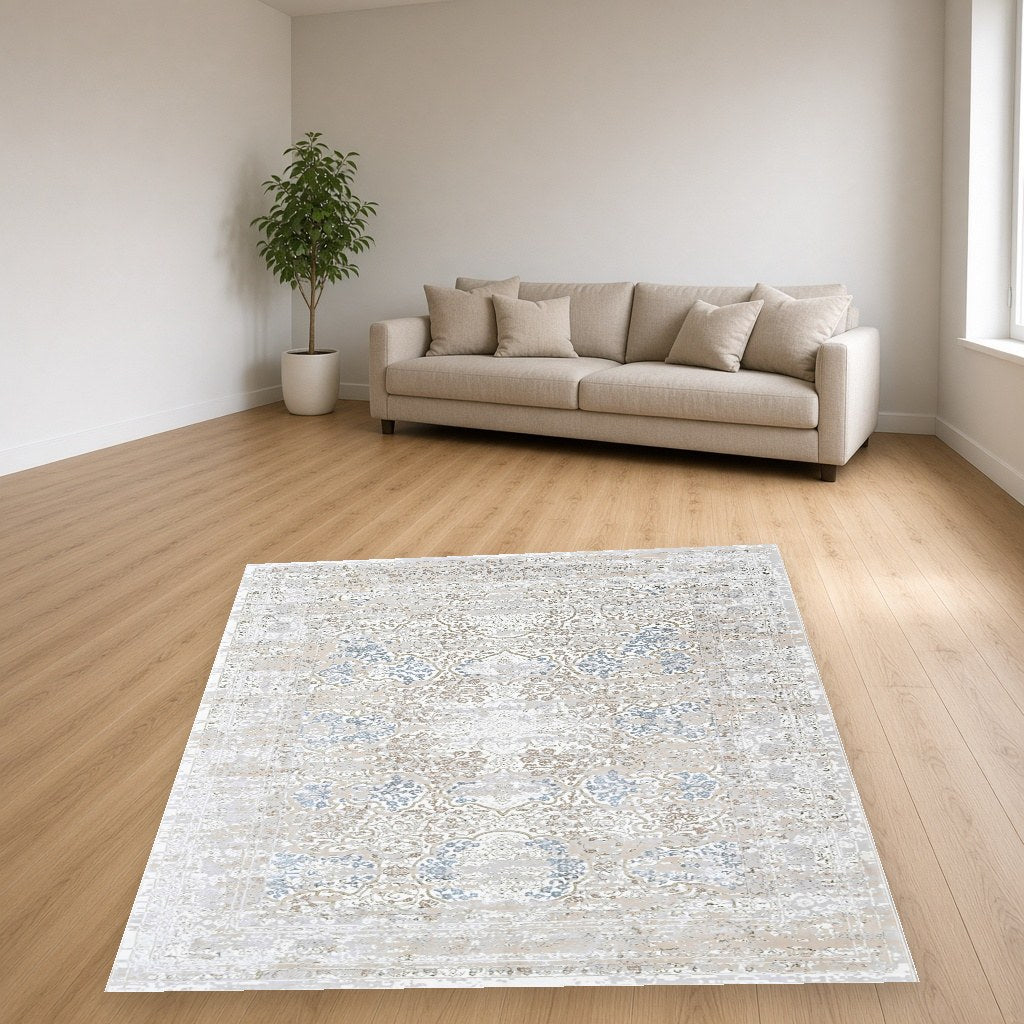 Pearl Distressed Medallion Modern Area Rug in a living room