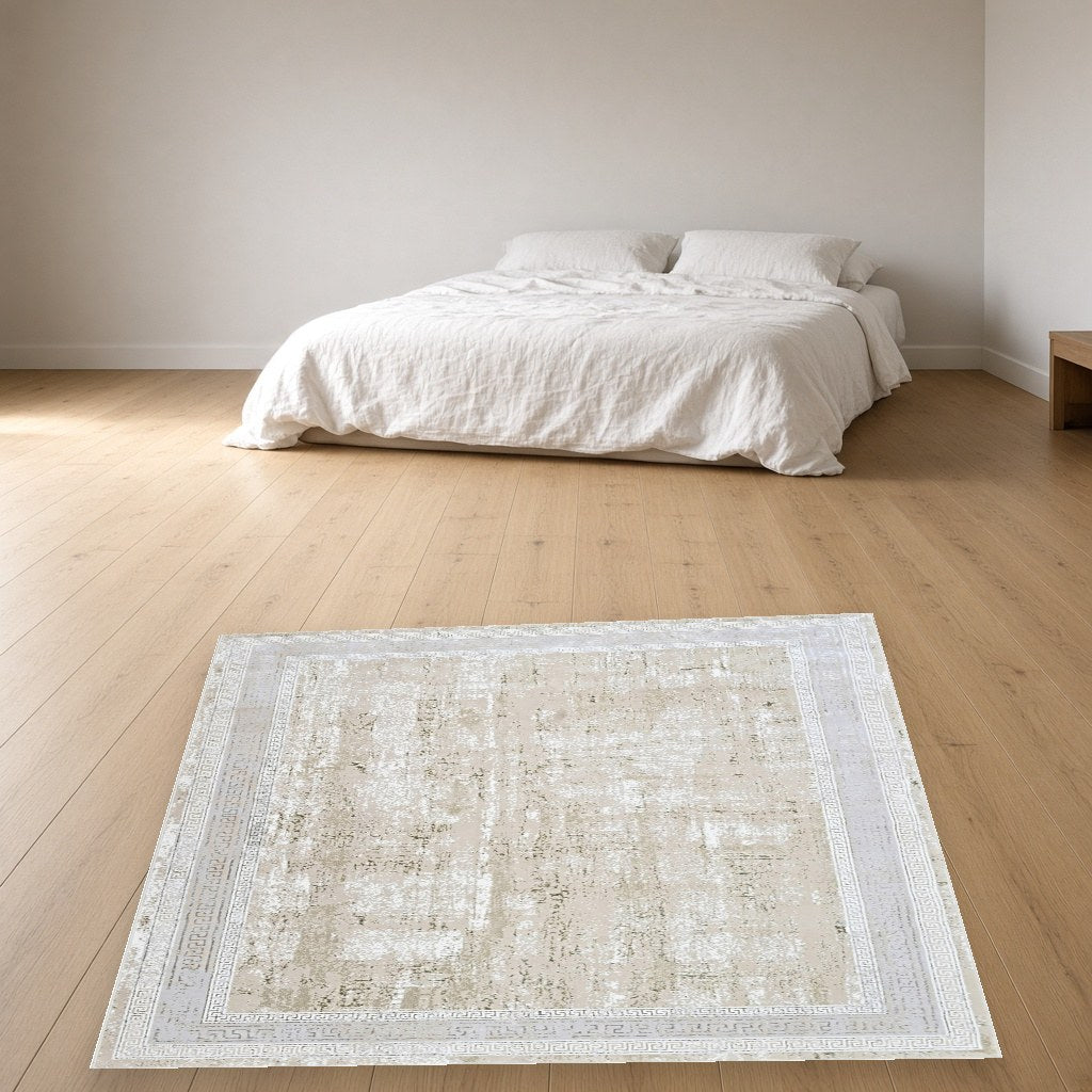 Pearl Greek Key Modern Area Rug in a bedroom