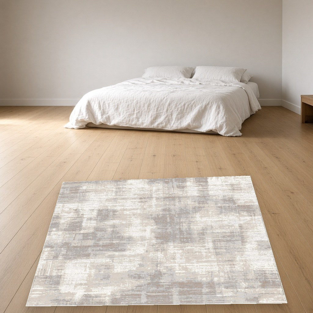 Pearl Mottled Abstract Modern Area Rug in a bedroom