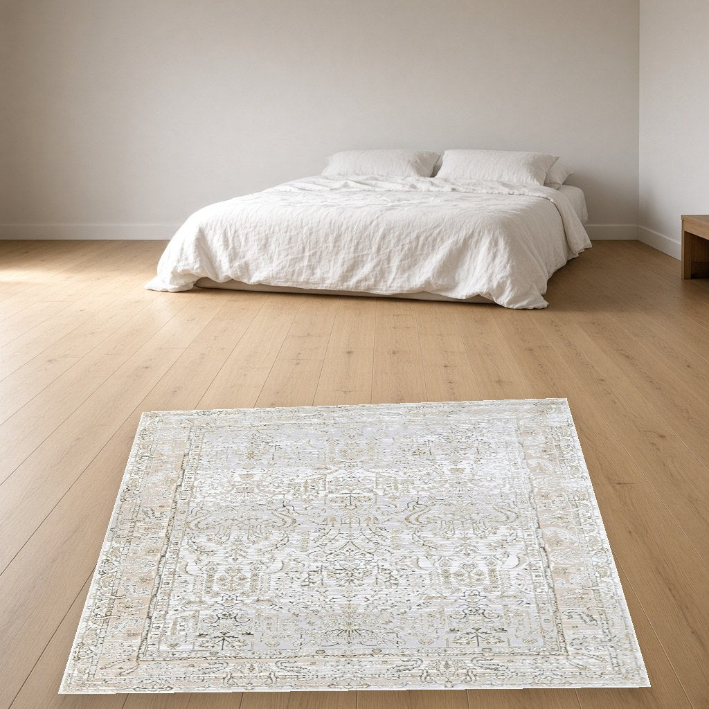 Pearl Soft Abstract Modern Area Rug in a bedroom