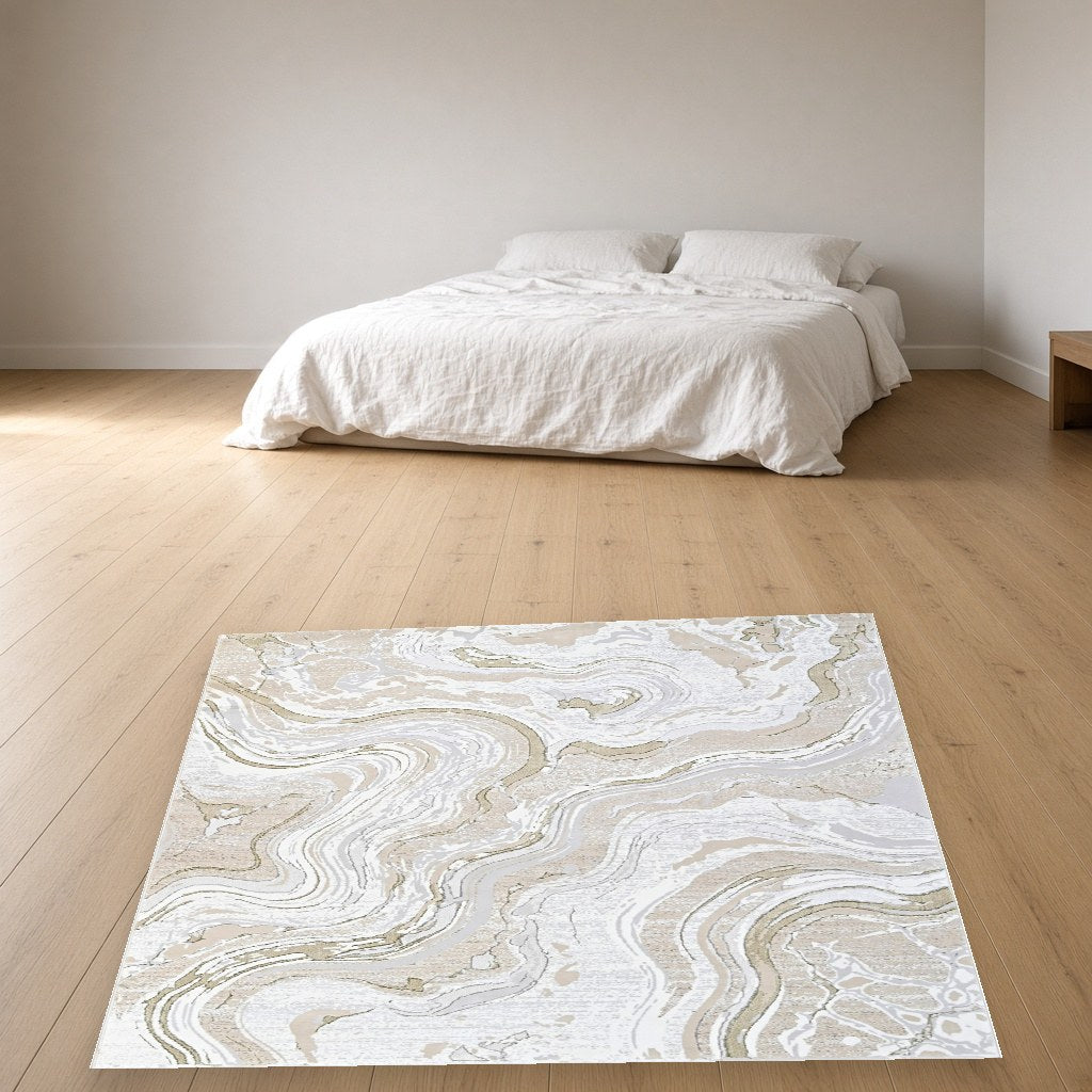 Pearl Soft Marble Modern Area Rug in a bedroom