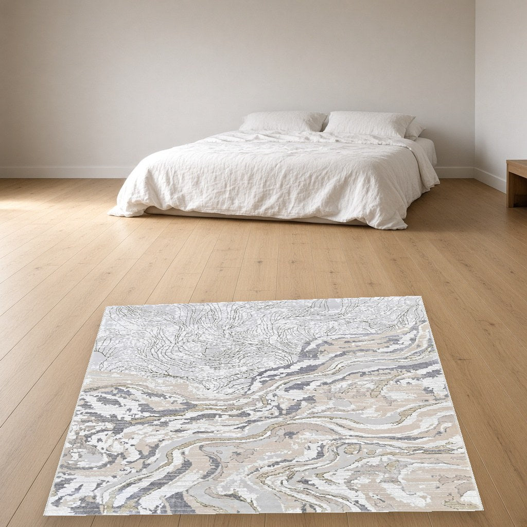 Pearl Stone Streak Modern Area Rug in a bedroom