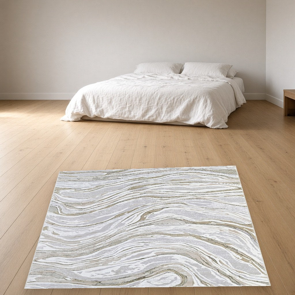 Pearl Water Marble Modern Area Rug in a bedroom