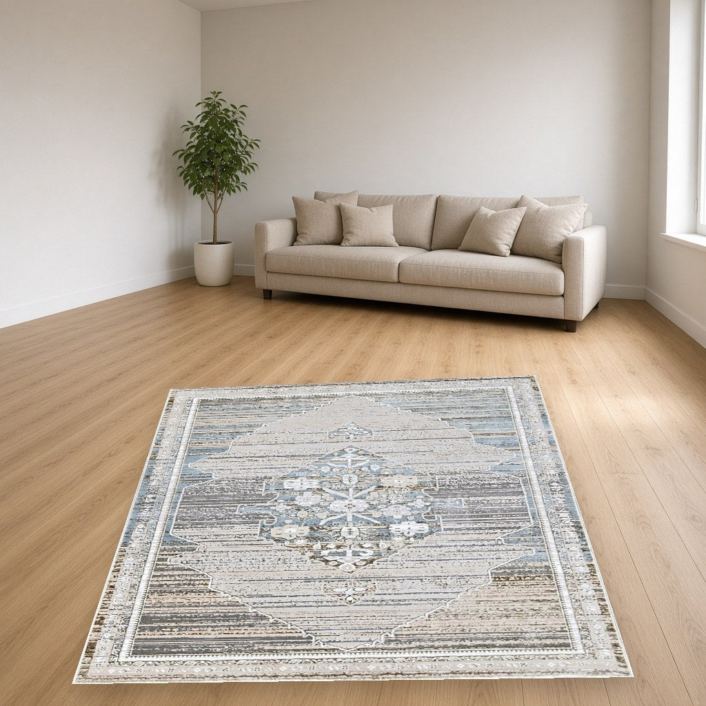 Platinum Center Medallion Modern Area Rug in a living room
