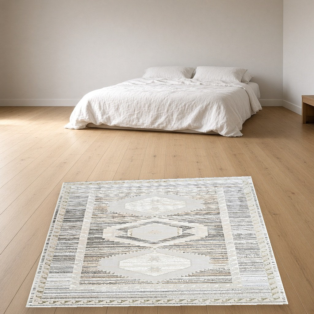 Platinum Diamond Border Modern Area Rug in a bedroom