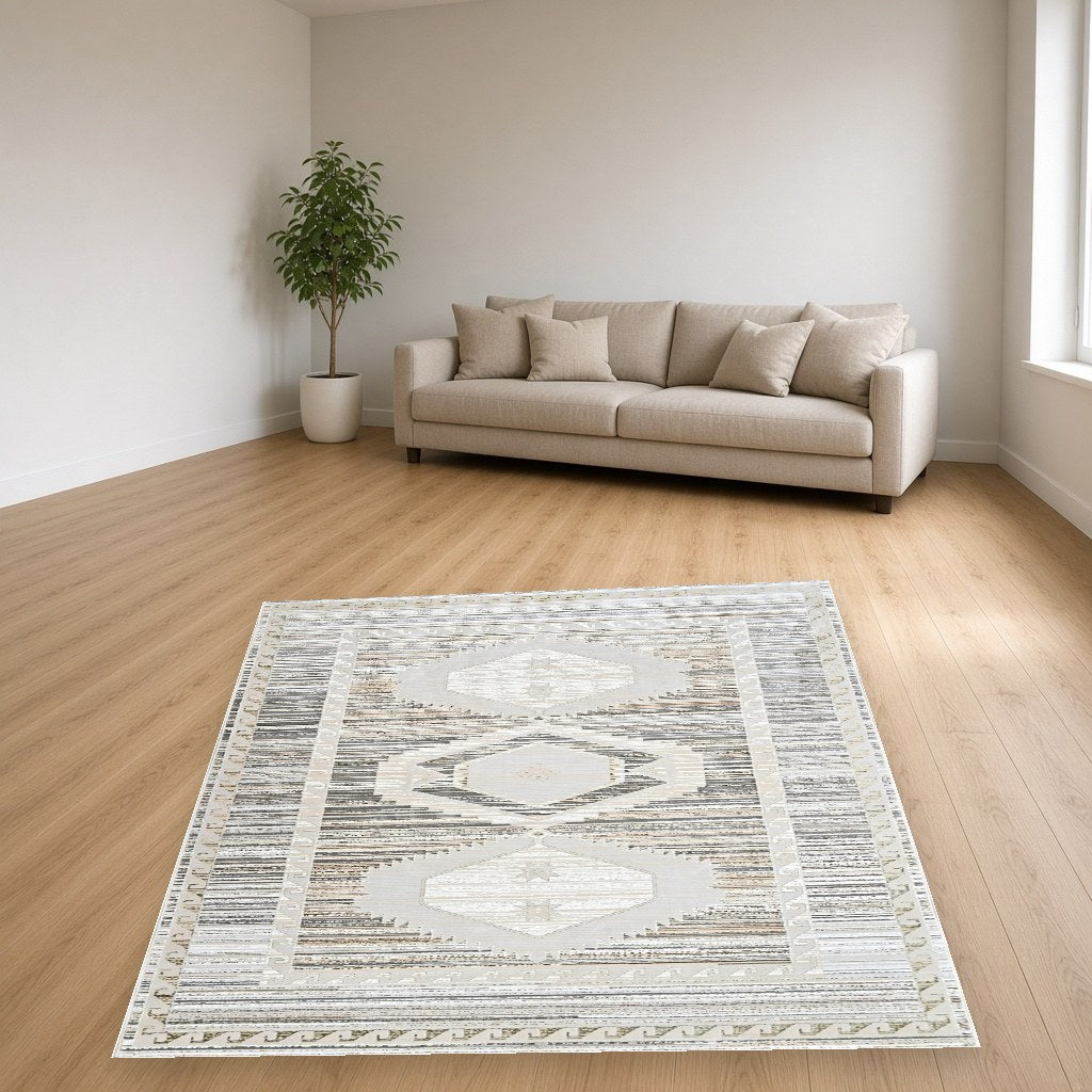 Platinum Diamond Border Modern Area Rug in a living room