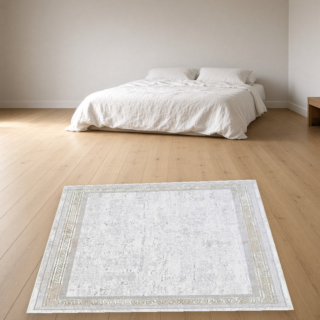 Platinum Greek Key Modern Area Rug in a bedroom