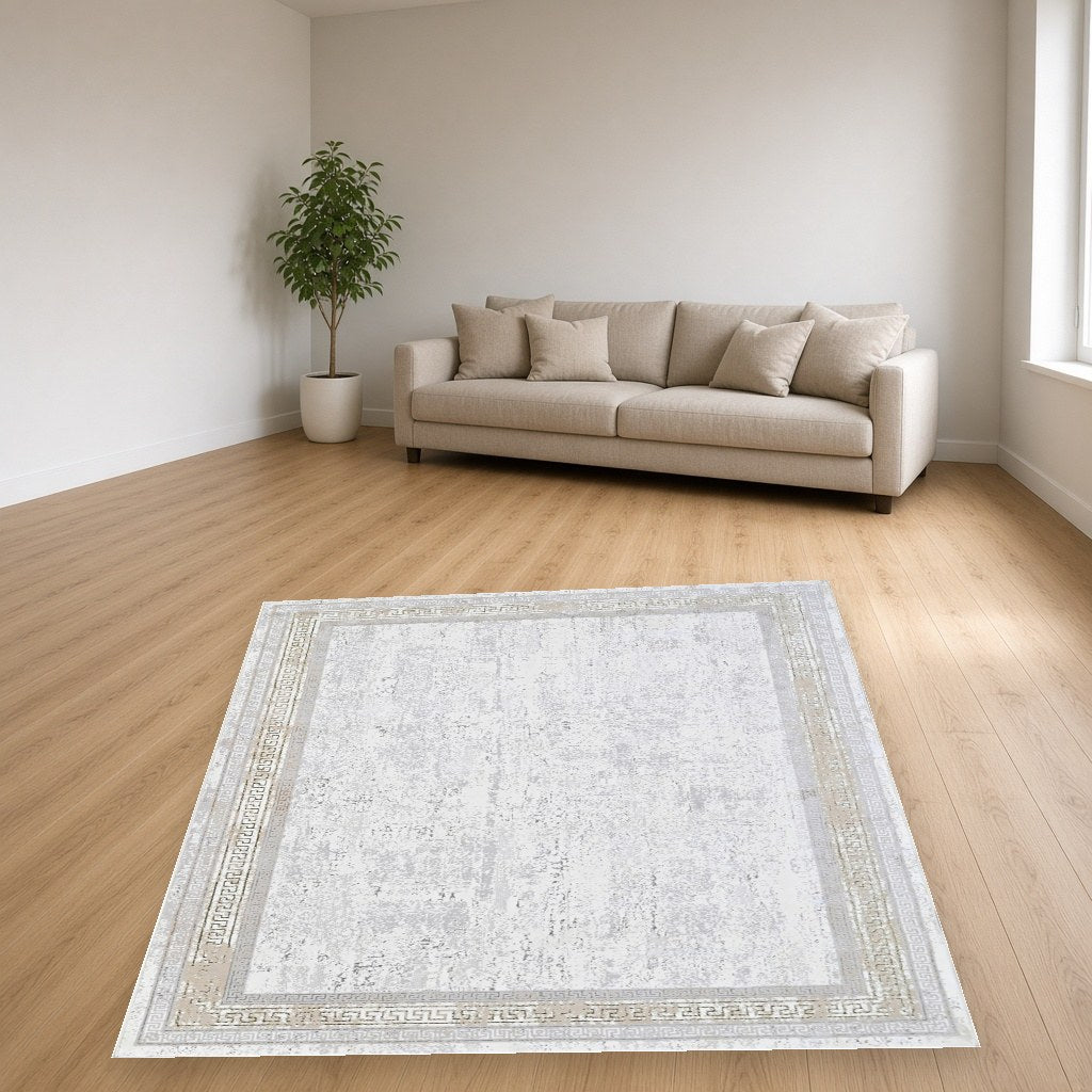 Platinum Greek Key Modern Area Rug in a living room