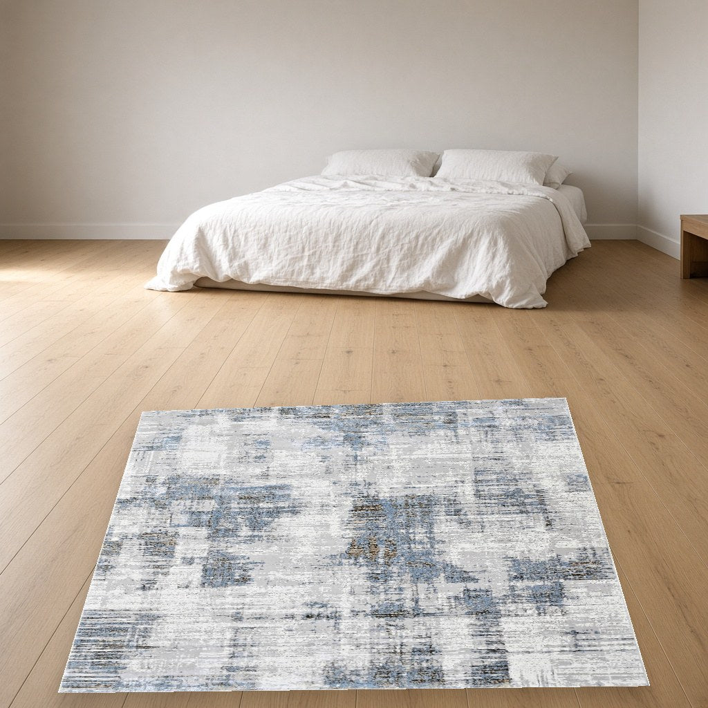 Platinum Mottled Abstract Modern Area Rug in a bedroom