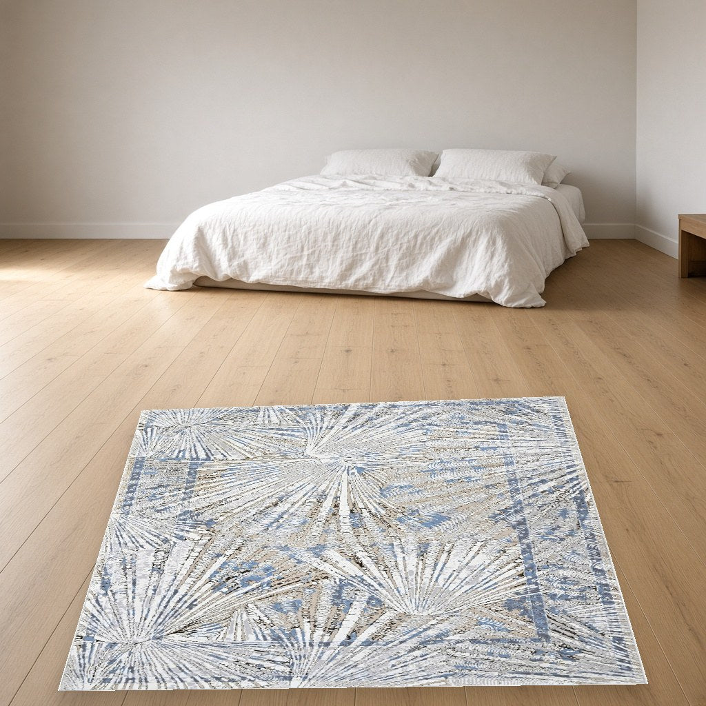 Platinum Palm Leaf Modern Area Rug in a bedroom