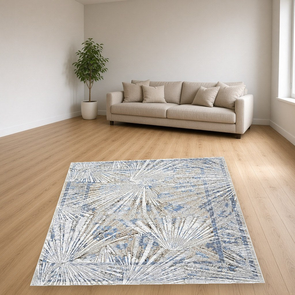 Platinum Palm Leaf Modern Area Rug in a living room