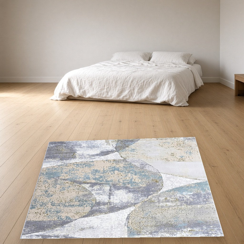 Platinum Stone Block Modern Area Rug in a bedroom