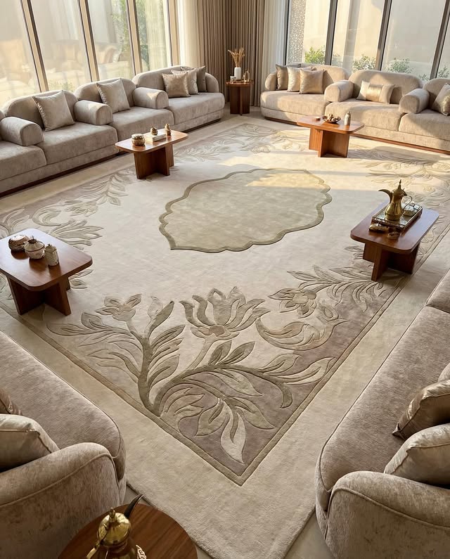 Hand-tufted rug in a warm neutral tone with a subtle abstract pattern, styled beneath a coffee table in a modern living room.