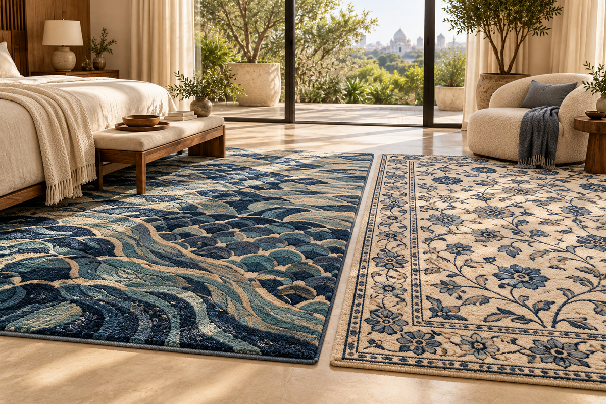 Two blue modern wool rugs, coastal and floral, in a contemporary room