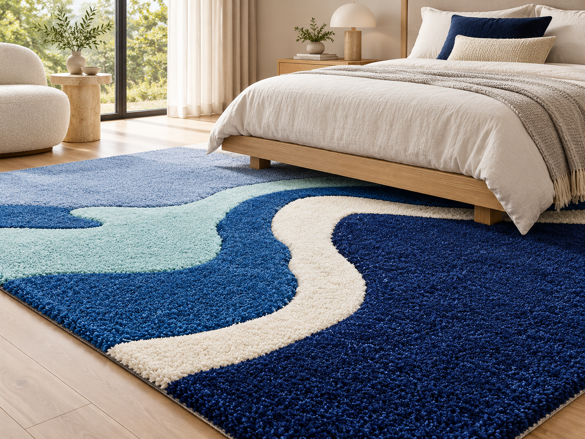 Modern navy and aqua abstract rug living-room hero