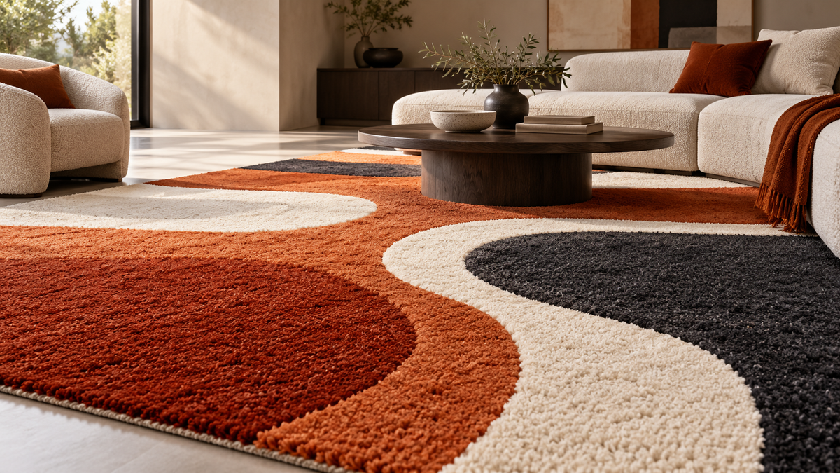 Modern rust and charcoal abstract rug alternate hero