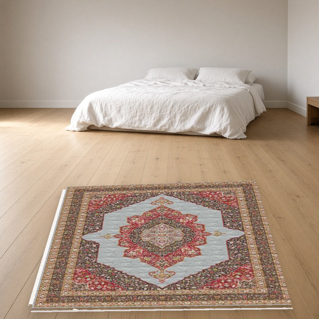 Grey Pointed Medallion Heritage Rug in a bedroom