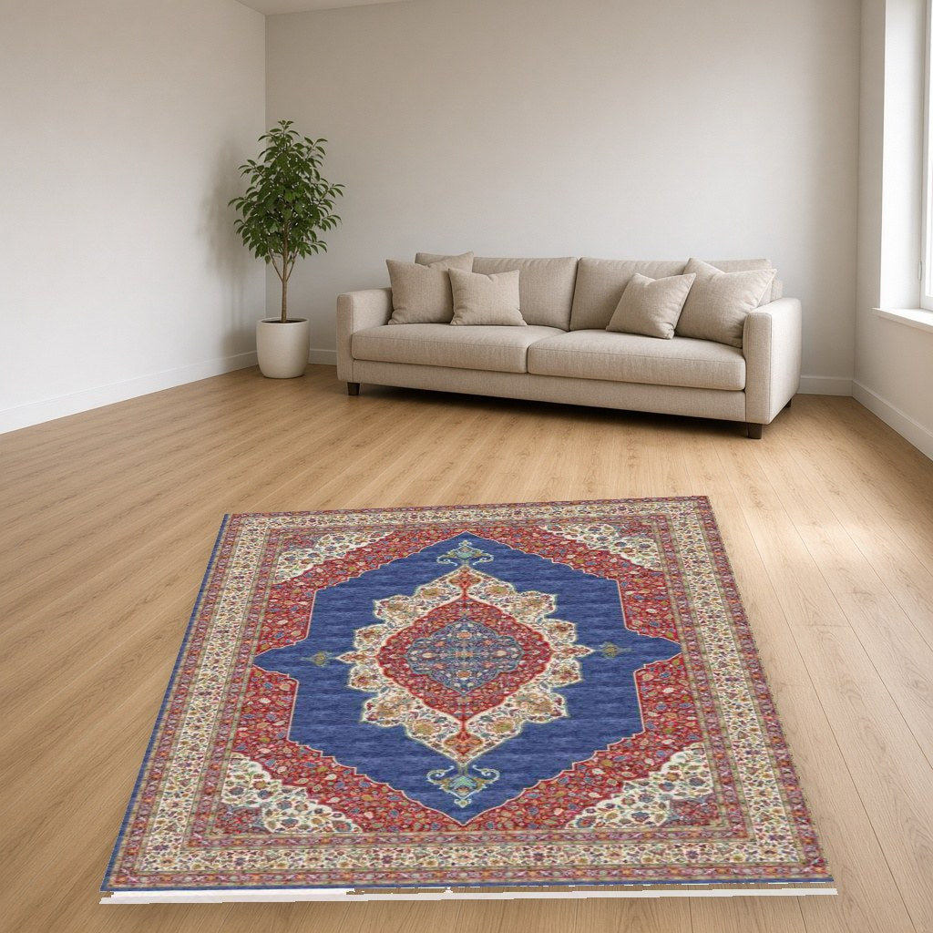 Navy Pointed Medallion Heritage Rug in a living room