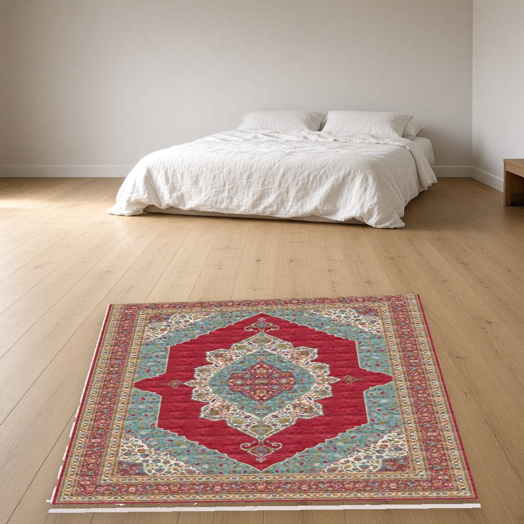 Red Pointed Medallion Heritage Rug in a bedroom