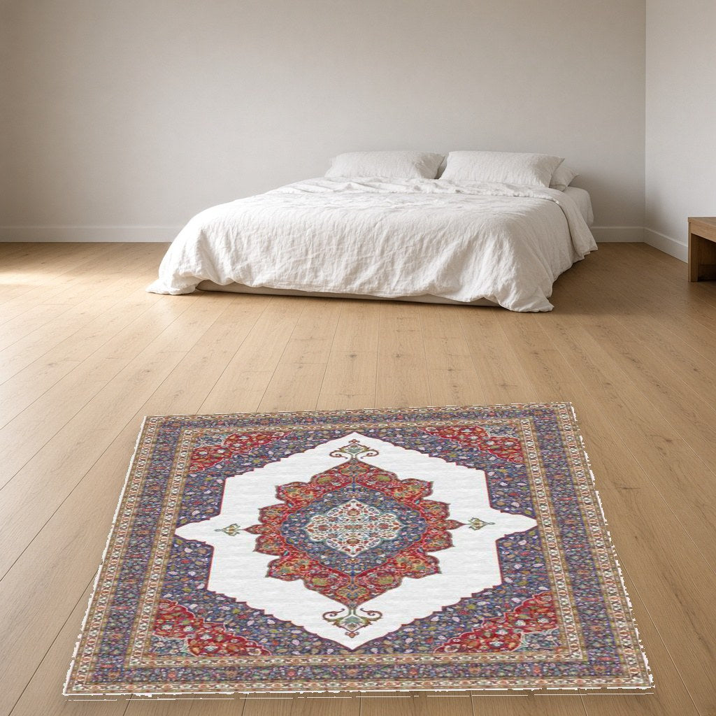 Ivory Floral Medallion Heritage Rug in a bedroom