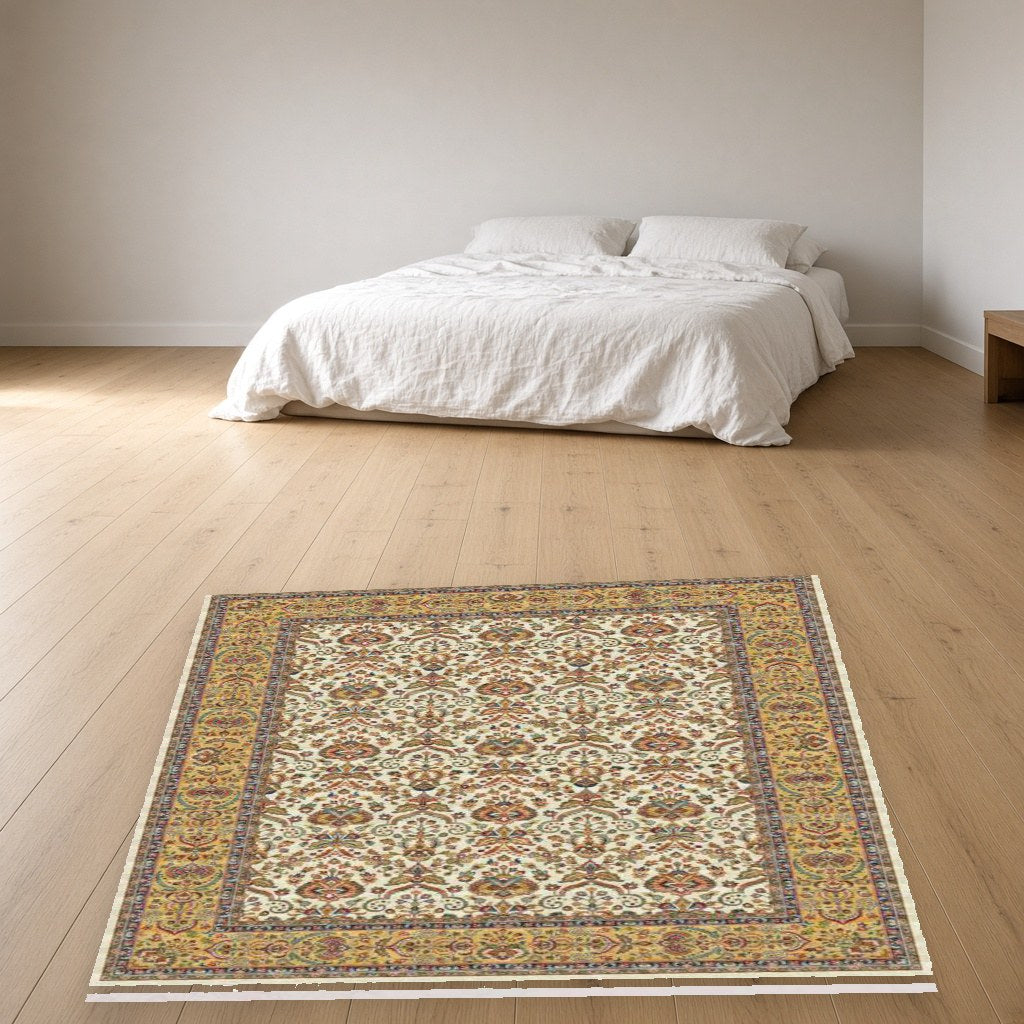 Ivory Lattice Heritage Rug in a bedroom