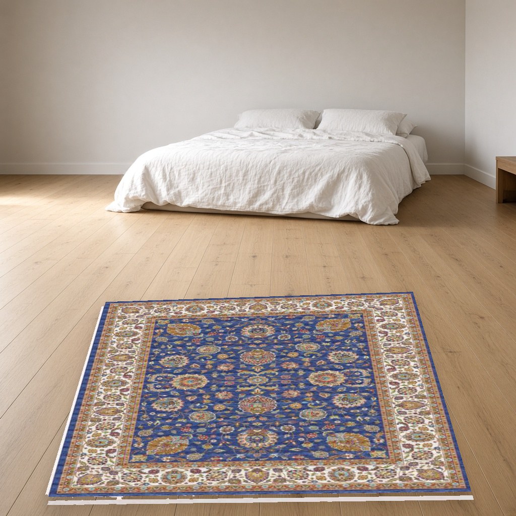 Navy Stripe Heritage Rug in a bedroom