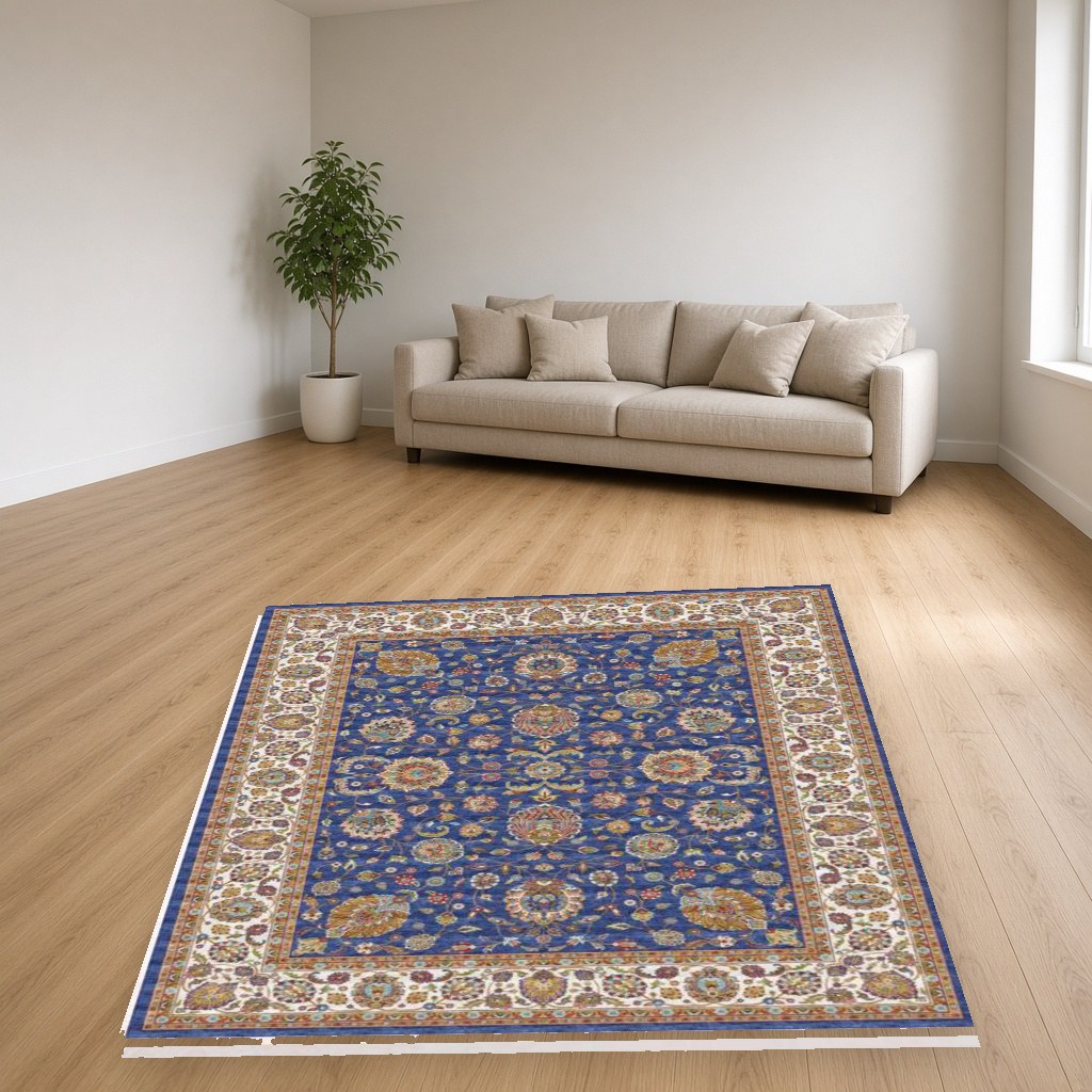 Navy Stripe Heritage Rug in a living room